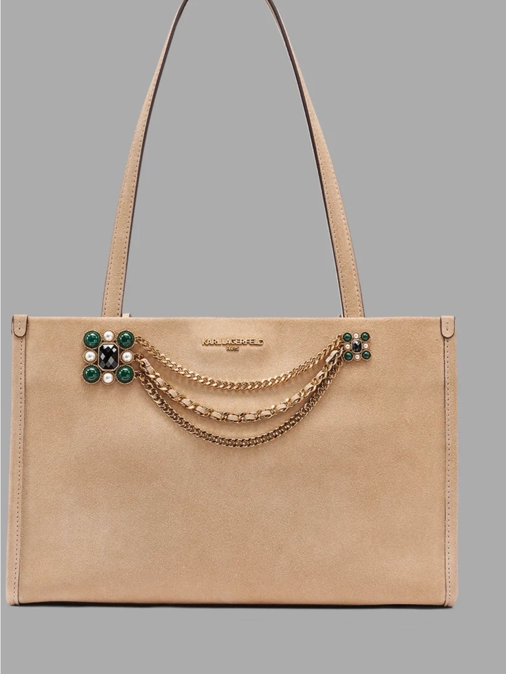 Karl Lagerfeld tan suede tote with gold chain and green jewel accents